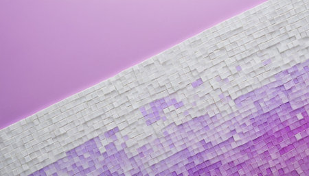 This abstract a clean, modern with a diagonal transition of mosaic tiles. The upper left portion is a solid, soft lilac color, contrasting with the lower right section composed of small, square tiles. These tiles transition from white on the left to a delicate gradient of purple hues on the right, creating a subtle pixelated effect. The geometric arrangement and the soft color palette offer a visually pleasing and minimalist background, various applications.の素材