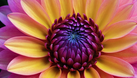 An extreme close-up captures the detail of a dahlia flower's core. The focuses on the tightly packed, deep purple center, from which numerous petals unfurl. These petals exhibit a dramatic color transition, starting with shades of pink and orange near the center and shifting to a bright, sunny yellow towards their tips. The texture of the petals is finely rendered, highlighting their smooth surfaces and curves. The composition emphasizes the flower's natural geometric beauty and the striking...の素材