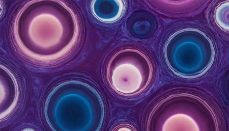 A top-down perspective reveals a collection of circular abstract patterns formed by liquid in shades of purple, blue, and pink, with some featuring glowing white or light pink centers. The patterns exhibit organic, cell-like structures with intricate textures and swirling details within their rings. is highly abstract and visually engaging, suggesting biological or scientific microscopic imagery.の素材