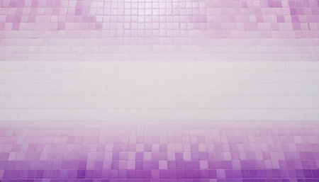 An abstract presents a horizontal band of white mosaic tiles positioned centrally. This white band is flanked by rows of mosaic tiles that exhibit a gradient of purple hues, transitioning from a darker violet at the and bottom edges to lighter shades closer to the white center. The tiles are square and arranged in a uniform, grid-like pattern, creating a clean, structured, and symmetrical composition with a subtle color transition.の素材