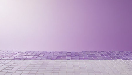 a smooth, soft gradient background transitioning from a lighter shade of lavender at the to a deeper hue towards the middle. Below this gradient, a textured surface is formed by rows of small, square mosaic tiles in shades of purple and white. The tiles are arranged in a neat, linear fashion, creating a distinct horizontal division in the composition. The overall impression is clean, modern, and minimalist, offering significant negative space for text orの素材