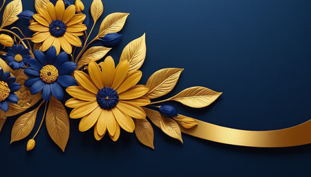 A arrangement of stylized golden flowers and leaves cascades from the upper left corner onto a deep navy blue background. The flowers feature bright yellow petals with dark blue centers, while the leaves and stems are rendered in a rich, metallic gold. A graceful golden ribbon curves across the lower right portion of the adding a touch of elegance and movement. The overall composition is and decorative use.の素材