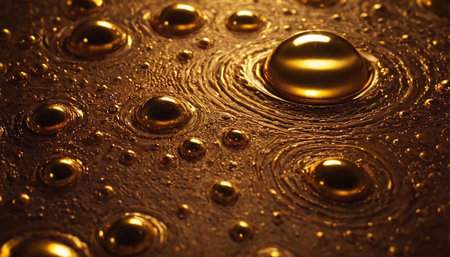 This macro presents a abstract composition of golden liquid spheres on a dark, textured surface. The spheres exhibit a degree of reflectivity, with bright highlights and deep shadows that accentuate their three-dimensional form. The surface of the liquid around the spheres is characterized by swirling patterns and subtle ripples, adding a dynamic and organic to the rich amber and brown tones of the liquid and background create a and aesthetic, making it an abstract background.の素材