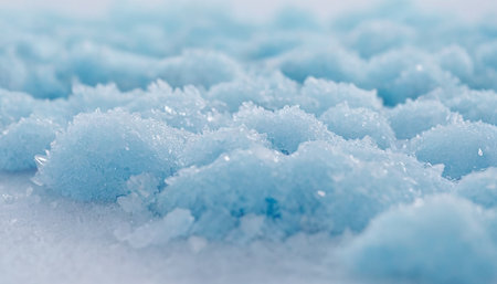 This extreme close-up showcases the intricate details of light blue ice crystals forming on a white surface. The focus is sharp on the delicate, sharp edges of the ice formations, creating a textured and abstract pattern. The soft lighting highlights the translucent of the ice, with subtle variations in blue and white tones. The shallow depth of field blurs the background, emphasizing the crystalline structures and their unique shapes. evokes a sense of cold, purity, and natural beauty.の素材