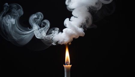 A single white candle burns brightly in the darkness, its flame casting a warm glow. From the of the candle, a dramatic and voluminous cloud of white smoke erupts, swirling and twisting into complex, abstract shapes. The smoke billows upwards and outwards, creating a stark contrast against the deep black background. The captures the dynamic movement and ethereal of the smoke, highlighting the interplay of light and shadow. The focus is on the visual spectacle of the smoke's form and texture.の素材