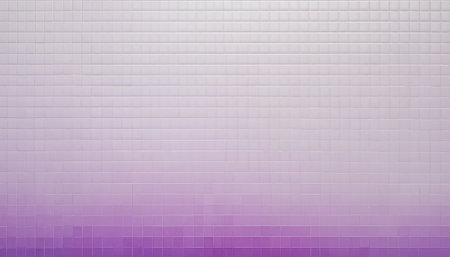 A horizontal view of a tiled wall displaying a smooth gradient from deep purple at the bottom to white at the wall is covered in small, square tiles forming a precise grid. The lighting is soft and uniform, emphasizing the subtle color transition and the clean, geometric texture of the tiles. This abstract background is minimalist and modern, with ample negative space at the making it and applications.の素材