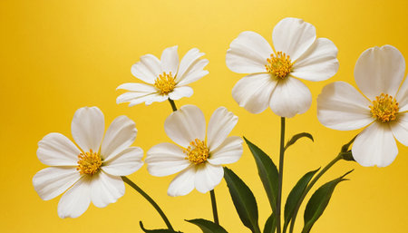 A composition of five white cosmos flowers, each with a distinct yellow center, is set against a bright, sunny yellow background. The flowers are arranged in a gentle curve, with some facing forward and others slightly angled. Their delicate, slightly ruffled petals and prominent yellow centers are clearly visible. The lighting is soft and even, creating a serene and cheerful atmosphere.の素材