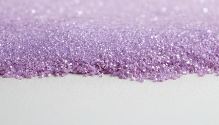 A close-up, shallow depth of field shot showcases a dense scattering of fine lavender glitter particles. The particles are densely packed along the bottom edge of the frame, creating a textured line that recedes into a soft blur. The glitter sparkles with a subtle luminescence against a clean, bright white background. The focus is sharp on the glitter, highlighting its granular nature and reflective qualities, while the background fades into a gentle gradient.の素材