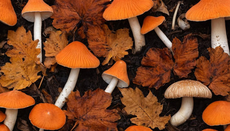 offers a detailed, close-up view of bright orange mushrooms and crisp, fallen autumn leaves resting on dark, rich soil. The mushrooms exhibit distinct caps and stems, with some showing their intricate gill structures. The leaves are a mix of warm brown and orange hues, some appearing brittle and dry. The composition highlights the textures and natural beauty of the forest floor in autumn.の素材