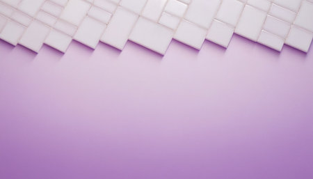 An abstract showcases a clean, minimalist with a soft purple gradient background. Along the edge, a diagonal arrangement of white rectangular tiles is presented. The tiles are neatly placed, creating a linear and structured border with a subtle sense of perspective and soft shadows cast below. The composition is simple, and modern, with ample negative space for text or otherの素材
