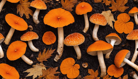 offers an overhead perspective of a variety of orange mushrooms, some adorned with distinctive white spots, scattered amongst fallen autumn leaves. The fungi present a range of sizes and forms, with some caps smooth and others showing their intricate gill patterns. The surrounding leaves are in typical autumnal shades of brown, rust, and orange, indicating the season. The dark, rich soil beneath provides a stark contrast, emphasizing the vibrant colors and unique patterns of the mushrooms...の素材