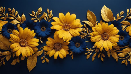 A horizontal composition showcases a dense arrangement of golden and blue flowers interspersed with golden leaves on a deep navy blue background. The golden flowers bright yellow petals and dark blue centers, while the blue flowers are a rich, deep shade. The golden leaves add a metallic sheen and intricate detail. This arrangement creates a visually rich and effect, various decorative and purposes.の素材