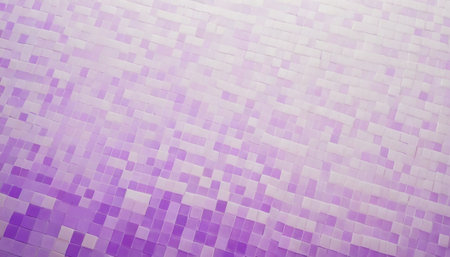 a repeating pattern of small square tiles arranged in a mosaic. The tiles transition from a soft lavender purple at the bottom left to a bright white at the right, creating a smooth gradient effect. The geometric arrangement and subtle color shift give the a modern and clean aesthetic, various applications. The texture of the tiles is visible, adding depth to the abstract composition.の素材