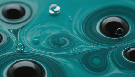 A close-up perspective reveals a fascinating abstract composition of concentric dark circles and swirling patterns within a vibrant teal liquid. The dark circles appear as deep pools or voids, contrasting with the fluid, organic swirls that surround them. Small bubbles are interspersed, adding a delicate texture to the surface. The glossy reflections and the rich color palette create a sense of depth and visual intrigue, evoking a feeling of microscopic exploration or a natural fluid phenomenon.の素材