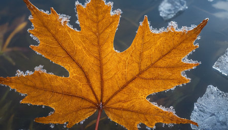 This close-up showcases an orange maple leaf with its edges heavily encrusted with ice crystals. The leaf's vibrant color is a stark contrast to the sharp, white frost and the surrounding dark, reflective water. Small pieces of ice are scattered around the leaf, adding to the frozen atmosphere. The detailed texture of the leaf's veins is clearly visible, juxtaposed with the delicate, fractal patterns of the ice. The captures a moment of natural artistry, highlighting the beauty found in the...の素材