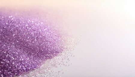 A close-up shot captures a pile of fine, sparkling purple glitter spilling and cascading onto a clean white surface. The glitter is densely packed in the foreground, creating a rich texture, and then tapers off, scattering into individual particles towards the right side of the frame. The lighting is soft and diffused, causing the glitter to catch the light and create a luminous effect. The background is a gentle gradient of pale purple and soft peach tones, creating a warm and inviting...の素材