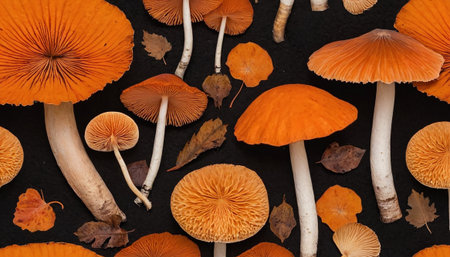 offers an overhead view of numerous orange mushrooms, highlighting the intricate details of their gills. Scattered among the fungi are dried autumn leaves in various shades of brown and orange, adding to the seasonal theme. The mushrooms are presented against a dark, textured background, creating a striking contrast that emphasizes their vibrant color. The composition is rich in natural patterns and textures, showcasing the beauty of these forestの素材