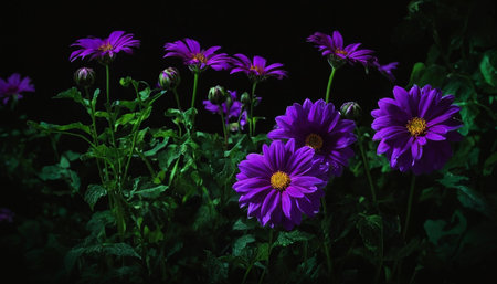 focuses on several purple dahlia flowers with their characteristic intricate, layered petals. They are presented against a dark background, with selective lighting that emphasizes their form and texture. The vibrant purple of the blooms contrasts with the deep shadows and the lush green of the leaves and stems. A few buds are also visible, adding depth to the composition. The overall effect is one of dramatic beauty and natural elegance.の素材