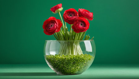 a cluster of bright red ranunculus flowers presented in a clear, spherical glass bowl. The stems are neatly bundled and rest on a bed of small, vibrant green decorative stones. The background is a solid, deep green, which makes the red flowers pop with intensity. The lighting is soft and even, emphasizing the textured petals of the ranunculus and the transparency of the glass. The composition is clean and focused, highlighting the natural beauty of the flowers.の素材