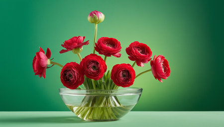 A studio a collection of red ranunculus flowers and a single bud arranged in a clear, round glass bowl. The flowers boast a deep red color and layered petals, while the bud is a lighter pinkish-red. The green stems are visible within the water and the transparent glass. The background a subtle gradient of green, transitioning from a lighter shade at the bottom to a darker shade at the enhancing the visual depth. The lighting is soft, highlighting the intricate details and natural charm of...の素材