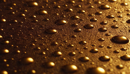 A detailed macro view of numerous golden water droplets dispersed across a dark, textured surface. The droplets exhibit a variety of sizes, with some appearing as small, glistening beads and others as larger, more substantial spheres. The surface beneath has a subtle, uneven texture that provides a grounding to the shimmering liquid. The lighting is carefully controlled to emphasize the spherical nature of the droplets and their reflective qualities, creating a sense of depth and visual...の素材