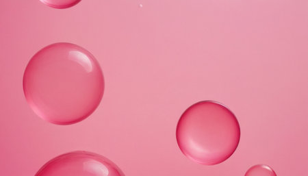 presents a close-up view of several pink liquid spheres of varying sizes, floating against a soft pastel pink background. The spheres are smooth and rounded, with a glossy surface that captures soft light and creates subtle highlights and reflections. Some smaller bubbles or droplets are also visible. The overall impression is one of gentle movement and fluidity, with a clean and modern aesthetic. The color palette is soft and appealing, making it beauty or skincare related concepts.の素材