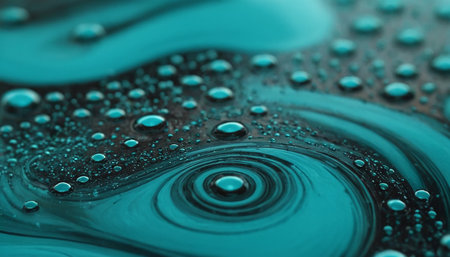 This abstract macro showcases a dynamic swirl of teal liquid, characterized by numerous small bubbles and dark, concentric circular patterns. The fluid's surface reflects light, creating a glossy and vibrant appearance. The intricate swirling motion and the detailed texture of the bubbles and patterns offer a visually complex and engaging abstract composition. The dark lines within the teal fluid create a sense of depth and movement, reminiscent of a vortex.の素材