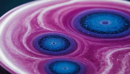 This macro showcases a dynamic abstract composition of swirling purple and blue liquids. Tiny white particles are suspended within the fluid, adding a granular texture. The centers of the swirls form deep vortex-like patterns, the eye inward. The smooth, glossy surface reflects light, enhancing the vibrant colors and the sense of fluid motion. This abstract visual evokes a sense of scientific exploration and organic beauty.の素材