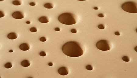 offers a close-up, abstract view of a textured beige surface. The surface is characterized by a multitude of circular holes, ranging in size from very small to significantly larger. The edges of these indentations are smooth and rounded, creating a soft, organic appearance. The creamy beige color and the play of light and shadow emphasize the depth and texture of the This abstract pattern could be interpreted as a porous surface or a unique food-related texture.の素材
