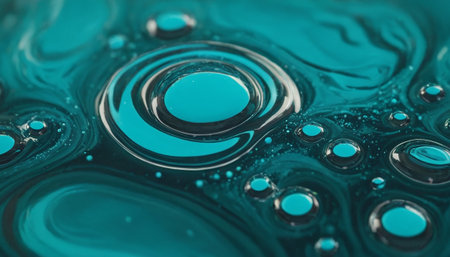 This macro showcases the intricate beauty of abstract fluid Dark liquid is swirled into patterns against a vibrant teal background, creating a sense of depth and motion. Prominent circular formations, resembling bubbles or eddies, are a focal point, with smaller droplets scattered throughout. The glossy surface catches the light, enhancing the rich colors and the smooth, flowing textures. This detailed and visually engaging is abstract backgrounds and creative projects.の素材