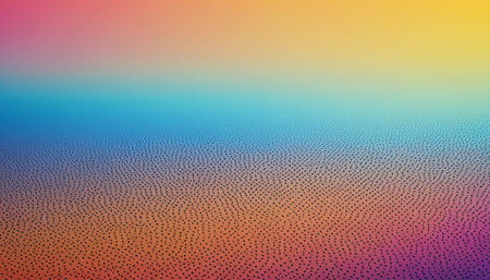 An abstract background characterized by a vibrant color gradient that transitions through shades of orange, pink, blue, and yellow. Overlaying this smooth color blend is a subtle, fine pattern of dark dots, adding a unique texture and visual interest without being overpowering. This combination of smooth color and delicate texture creates a modern and dynamic aesthetic, a wide range of purposes including digital web backgrounds, presentations, and creative projects.の素材