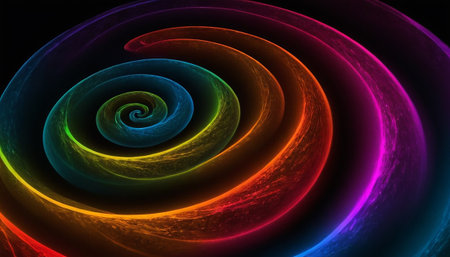 This abstract showcases a dynamic, swirling vortex with a fractal The spiral is formed by thick, luminous strands that exhibit a rich rainbow gradient, transitioning from fiery reds and oranges to vibrant yellows, greens, blues, and purples. The strands a distinct textured appearance, adding a tactile and organic feel to the digital creation. The deep black background provides a stark contrast, intensifying the glow and the sense of depth. The evokes a feeling of powerful, swirling energy...の素材