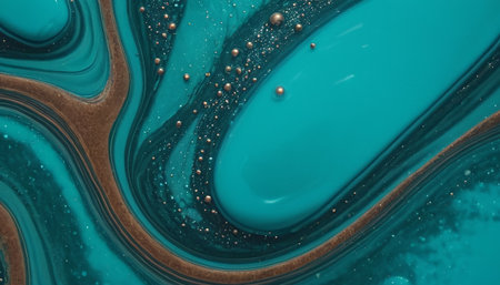 This abstract macro showcases flowing lines of teal and gold liquids creating an organic, dynamic composition. Scattered metallic gold beads and small droplets add texture and sparkle to the glossy surface. The interplay of colors and textures creates a sense of depth and movement, making it a visually abstractの素材