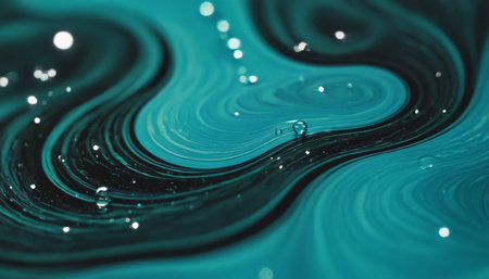 A dynamic abstract composition featuring swirling currents of teal and black liquid. The fluid motion creates curves and waves, with streaks of lighter and darker shades adding depth. Tiny, sparkling highlights, resembling distant stars or water droplets, are scattered throughout the adding a magical The surface is highly reflective and glossy, enhancing the sense of movement and fluidity. evokes a sense of cosmic flow or the intricate patterns found in natural phenomena.の素材