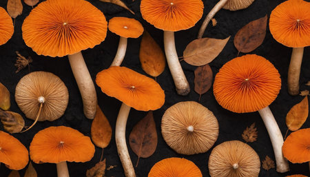 A close-up, overhead view showcases a collection of vibrant orange mushrooms scattered across a dark, textured background. Dried autumn leaves in shades of brown and rust are interspersed among the fungi, adding a rustic and seasonal feel. The mushrooms display intricate details of their caps and stems, with some showing the delicate patterns of their gills. The overall composition creates a rich, earthy aesthetic with a strong contrast between the bright orange and the dark backdrop.の素材