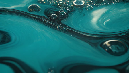 An extreme close-up shot reveals the fascinating interplay of dark fluid and turquoise water, creating dynamic swirling patterns. Numerous air bubbles, ranging in size, are suspended within the liquid, adding a sense of depth and movement. The glossy surface reflects light, highlighting the smooth, flowing lines and the subtle variations in color. This abstract composition evokes a sense of underwater exploration or the intricate processes of fluid dynamics, offering a visually rich and...の素材