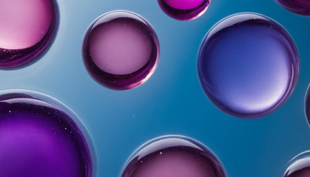 A macro showcases a collection of translucent, spherical suspended in a fluid medium against a soft blue backdrop. The spheres exhibit a interplay of vibrant purple and deep blue colors, with internal reflections and highlights that suggest a liquid or gel-like substance. The smooth, glossy surfaces and the gentle gradient of colors create an abstract and visually appealing composition, evoking a sense of lightness and wonder.の素材
