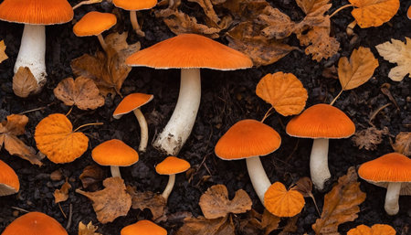 A close-up view of several vibrant orange mushrooms nestled amongst fallen, dried autumn leaves on dark, rich soil. The mushrooms display a variety of sizes and stages of growth, with some showing delicate gills beneath their caps. The surrounding leaves are a mix of warm brown and golden hues, creating a rich, textured tapestry on the forest floor. The overall impression is one of natural abundance and the beauty of the autumnal season.の素材