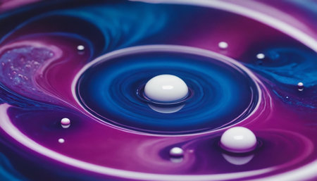 This macro presents a abstract scene with a white sphere resting at the center of a swirling vortex of blue and purple liquid. Smaller white droplets are scattered around the main vortex. The fluid motion creates intricate, concentric patterns, resembling a cosmic phenomenon or a microscopic cellular structure. The glossy surface and vibrant colors, illuminated by light, enhance the dynamic and of this abstract composition.の素材