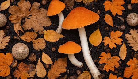 offers a close-up, overhead view of striking orange mushrooms nestled amongst a rich tapestry of golden autumn leaves and forest debris. The mushrooms, with their bright orange caps and sturdy white stems, are the focal point, surrounded by the warm hues of fallen foliage in shades of yellow, brown, and gold. Small acorns and other natural are also visible, adding to the authentic forest floor aesthetic. The dark, textured background provides a stark contrast, making the vibrant colors and...の素材
