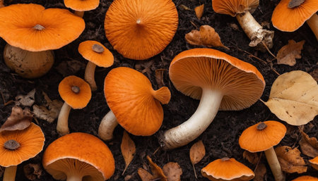 presents an overhead perspective of numerous bright orange mushrooms scattered across a dark, earthy surface, interspersed with dry, fallen leaves. The fungi vary in size, with some caps fully open and others still developing. The rich dark soil creates a dramatic backdrop for the vivid orange of the mushroom caps and the muted tones of the autumn foliage. The composition emphasizes the textures and patterns found on the forest floor.の素材