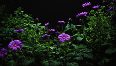 A scene of purple flowers interspersed with dense, dark green foliage unfolds in a dimly lit garden. The flowers, with their vibrant violet petals and lighter centers, are scattered throughout the frame, some in full bloom and others as buds. The lush leaves and stems create a rich, textured backdrop, with areas of shadow and soft light. The overall impression is one of natural beauty and tranquility, with the dark setting enhancing the vivid colors of the flowers and the depth of the greenery.の素材