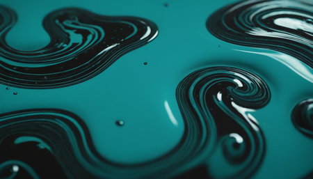 This macro captures the dance of black liquid swirling and forming intricate patterns on a vibrant teal surface. The glossy texture of the liquid reflects light, creating highlights and shadows that emphasize the dynamic curves and spirals. Small, scattered bubbles add a delicate detail to the composition, hinting at the fluid's movement. The contrast between the dark liquid and the bright teal background creates a visually striking and abstract backgrounds orの素材