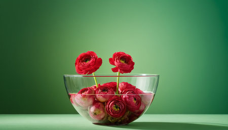 A collection of bright red ranunculus flowers are partially submerged in clear water within a transparent glass bowl. The flowers exhibit layered petals and a rich, saturated red hue. The bowl sits on a pale green surface, set against a smooth, gradient green background. The lighting is soft and even, highlighting the delicate textures of the petals and the clarity of the water.の素材