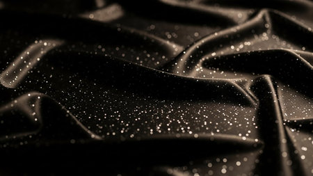 presents a detailed view of a dark, flowing fabric, likely satin or silk, with a smooth, lustrous surface. Numerous small, shimmering glitter particles are dispersed across the creating a sparkling effect. Soft, diffused light casts gentle reflections and highlights on the fabric's curves and folds, adding depth and a sense of luxury. The background is dark and out of focus, attention to the textured elegance of the foreground.の素材