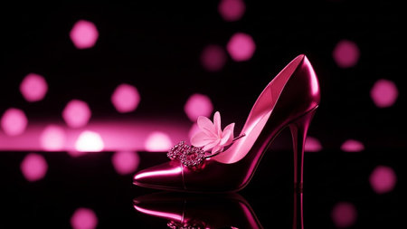 A single metallic pink stiletto heel shoe is presented against a dark background. The shoe a pointed toe and a slender heel. A delicate pink flower with a sparkling jewel embellishment adorns the front of the shoe. Soft, out-of-focus pink bokeh lights create a magical and glamorous atmosphere in the background, with a subtle reflection of the shoe visible on the glossy surface below.の素材