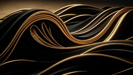 This abstract showcases multiple layers of black fabric, intricately folded and curved to resemble a topographical landscape. Fine, gleaming gold lines are embedded within the folds, accentuating the contours and adding a touch of luxury. The interplay of light and shadow across the textured fabric creates a sense of depth and volume. The overall effect is one of organic abstraction with a rich, feel.の素材