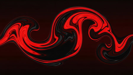 This abstract presents smooth swirls of red and black liquid paint forming a wavy pattern. The glossy finish and fluid motion create a dynamic and visually engaging background. The contrast between the bright red and deep black, set against a dark, subtly lit background, offers a modern and artistic aesthetic for various applications.の素材