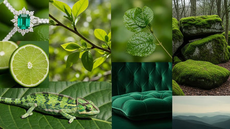 A visually rich collage showcasing various shades of green. include a sparkling emerald and diamond ring, a fresh lime slice, delicate green leaves on a branch, and a detailed shot of moss-covered rocks in a forest. A chameleon with intricate green patterns is featured on a large leaf. A tufted velvet sofa and a serene mountain landscape in muted green tones complete the composition.の素材