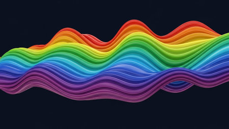 A striking, three-dimensional wave composed of numerous parallel, layered ridges and valleys flows across a dark background. The wave a vibrant rainbow spectrum, with each layer showcasing a distinct color that transitions smoothly from one to the next. The texture and lighting create a sense of depth and volume, making the wave appear almost solid and sculpted. This abstract form is energetic and visually engaging.の素材